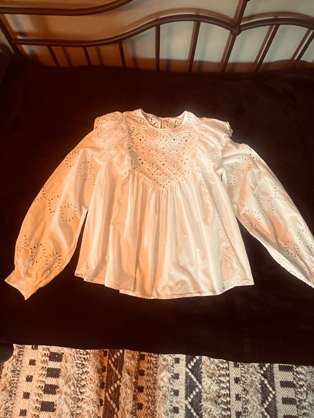H&M White Eyelet Ruffle Yoke Blouse